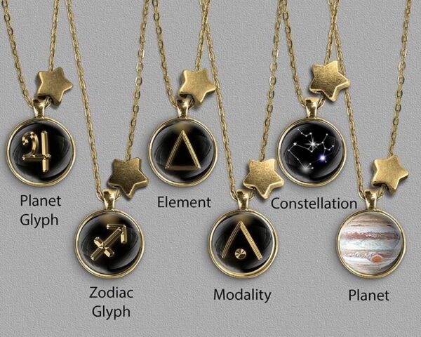 A range of Sagittarius zodiac designs set in gold coloured pendants